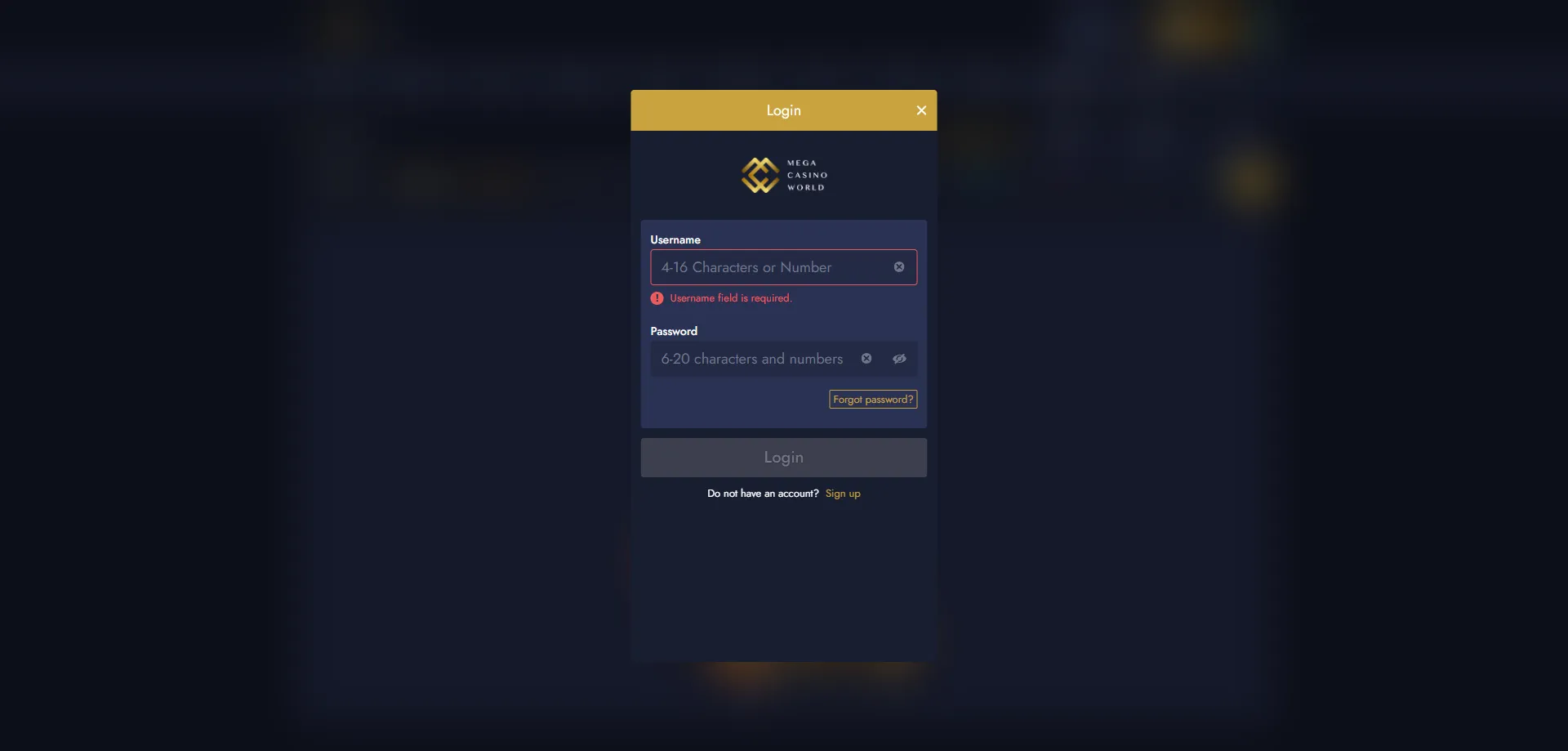 Mcw Mega casino mobile login screen on Android and iOS devices